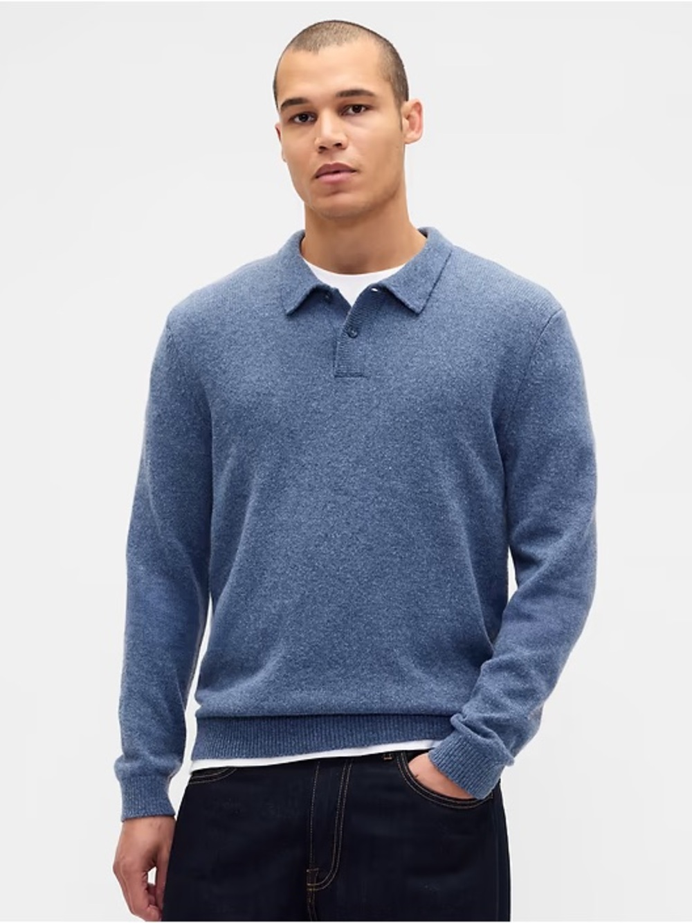 GAP Merino Wool-Blend Polo Sweater Soft Heather Blue/ Cornflower Men NEW